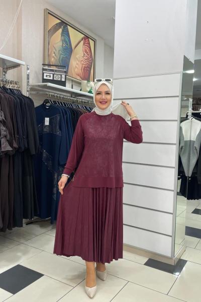 Yan detayı fermuarlı eteklı takım Mürdüm