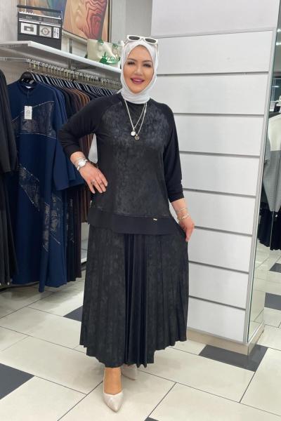 Yan detayı fermuarlı eteklı takım Anadolu Siyahı