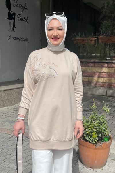 Yan omuzu taş ve zınbalı tunık Ekru