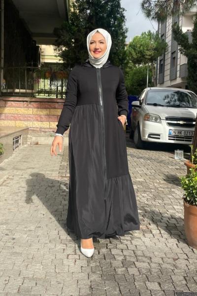 Yan ve etegı paraşut detaylı ferace Siyah