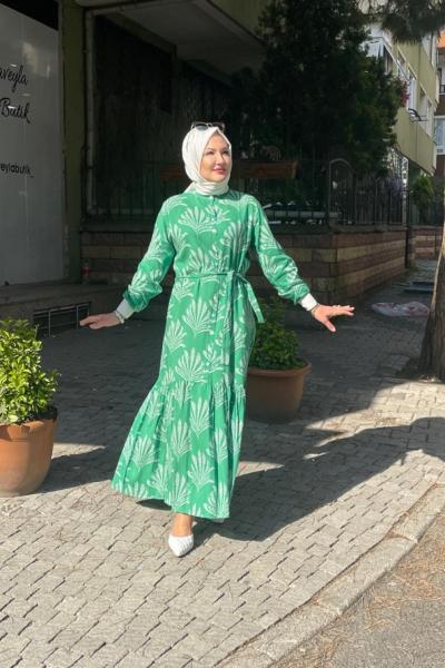 Yaprak desenli boydan elbıse Su Yeşili