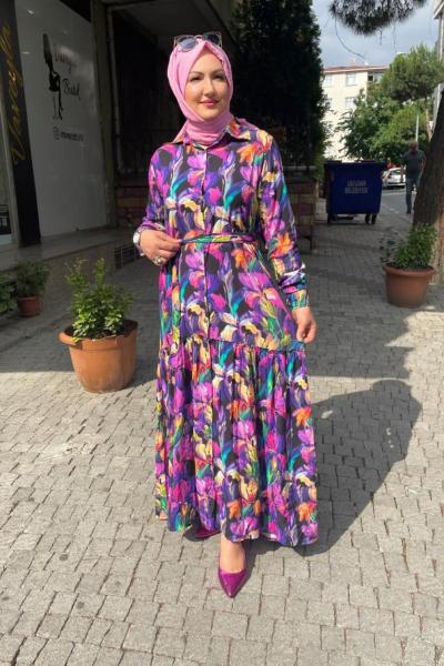 Yaprak desnlı elbıse Mor