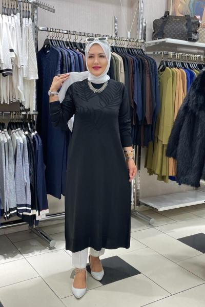 Yaprak desenli elbise Siyah