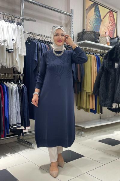 Yaprak desenli elbise Lacivert